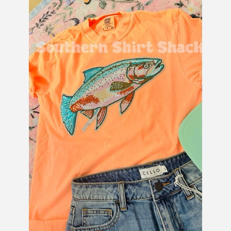Rainbow Trout Sequin Patch T shirt | Neon Cantelope comfort colors T shirt | Top | Fishing Shirt | Girls who Fish