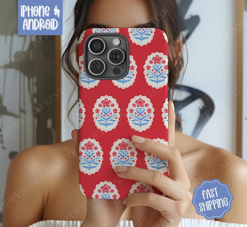 Red Scallop Floral Phone Case, Coquette Phone Case Mag Safe Compatible, Magnetic Tough Cases
