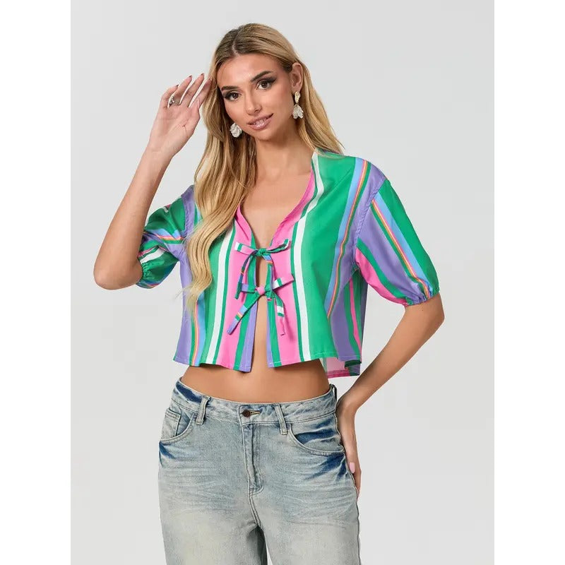 Women Short Sleeve Shirts Stripe Tie-Up Front Fashion Blouses Summer Casual Tops Streetwear Cotton Light