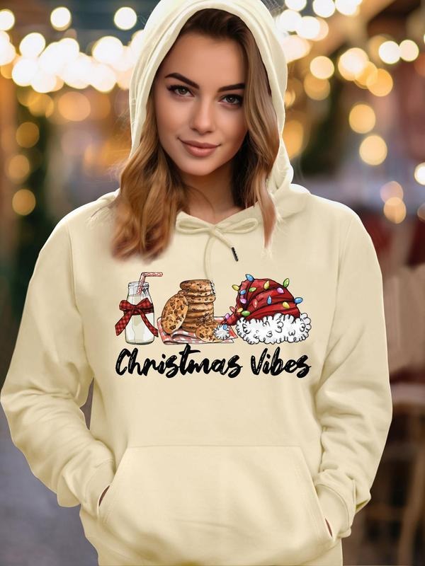 Women's Cartoon Christmas Letter Print Drawstring Pocket Hoodie, Casual Long Sleeve Hooded Sweatshirt for Fall & Winter, Women's Clothes for Daily Wear