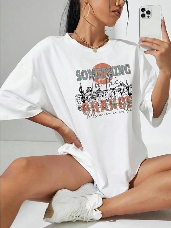 Women's Cartoon Graphic Print Round Neck Tee, Fashion Casual Drop Shoulder Short Sleeve T-shirt for Daily Wear, Ladies Summer Clothes