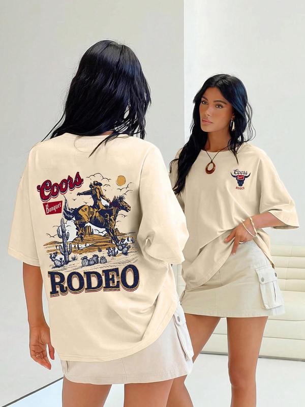 Women's Letter & Cowboy Print Drop Shoulder Tee, Casual Half Sleeve Round Neck T-shirt for Summer, Fashion Women's Top for Daily Wear