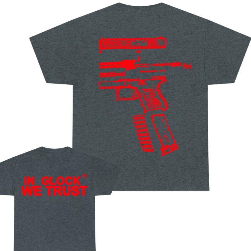 IN GLOCK WE TRUST 2 side T-shirt,Design Red, T-shirt For Men,Full color, Menswear Top, GIft For Men Cotton Classic