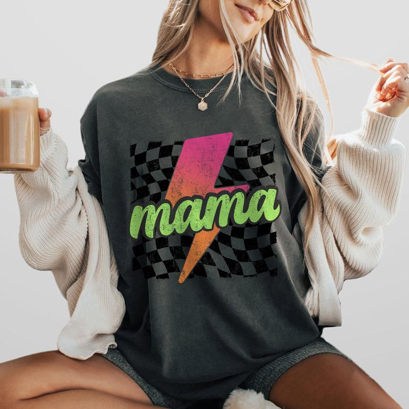 Neon Mama Shirt, Checkered Mama Shirt, Lightning Bolt Shirt, Mothers Day Gift, Retro Checkered Mom Tshirt, Mom Comfort Tee, Gift for Her, Retro Mama Shirt, Mom Women Tops
