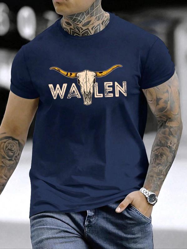 Men's Bull Head & Letter Print Round Neck Graphic Tee,รโรย Graphic Tees for Men, T Shirts for Men, Regular Fit Casual Short Sleeve Crew Neck T-shirt, Fash