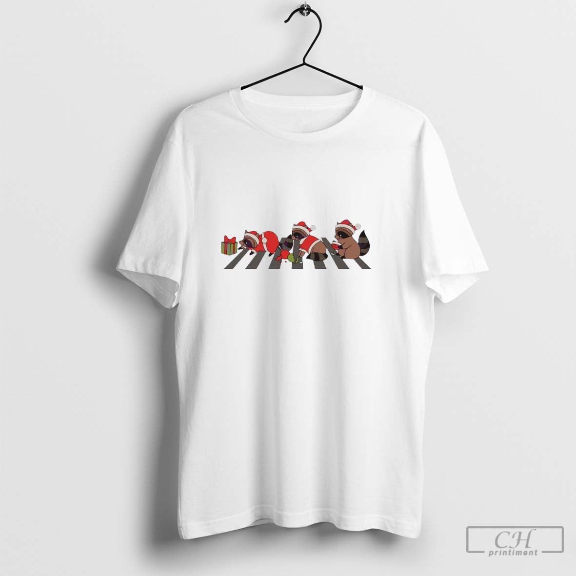 Racoon Christmas Santa hat cross the road shirt