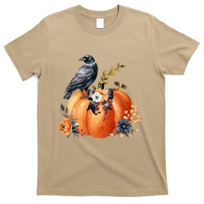Pretty Autumn Raven Floral Pumpkin Fall Lover T-Shirt