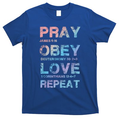 Pray Obey Love Repeat Bible Verse Christian Bible Quote T-Shirt