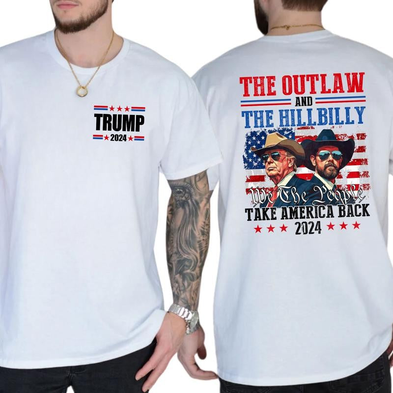 Trump Shirt, Trump Vance 24 The Outlaw and The Hillbilly Take America Back T-Shirt, Classic Cotton Top, Soft Fabric Shortsleeve Shirt