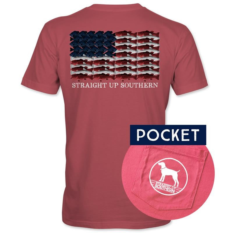 Fish Flag - American Flag Formed by Crappie, Catfish, and Largemouth Bass Pocket Tee - Red
