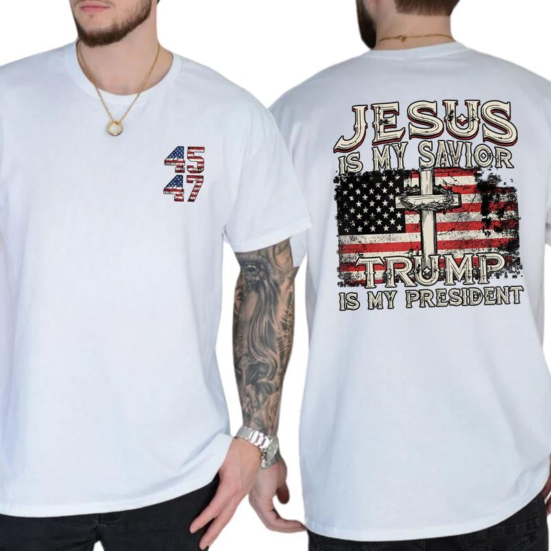 Jesus Is My Savior Trump Is My President T-Shirt, Patriotic Christian Shirts, Religious Political Statement Tee, American Flag Design
