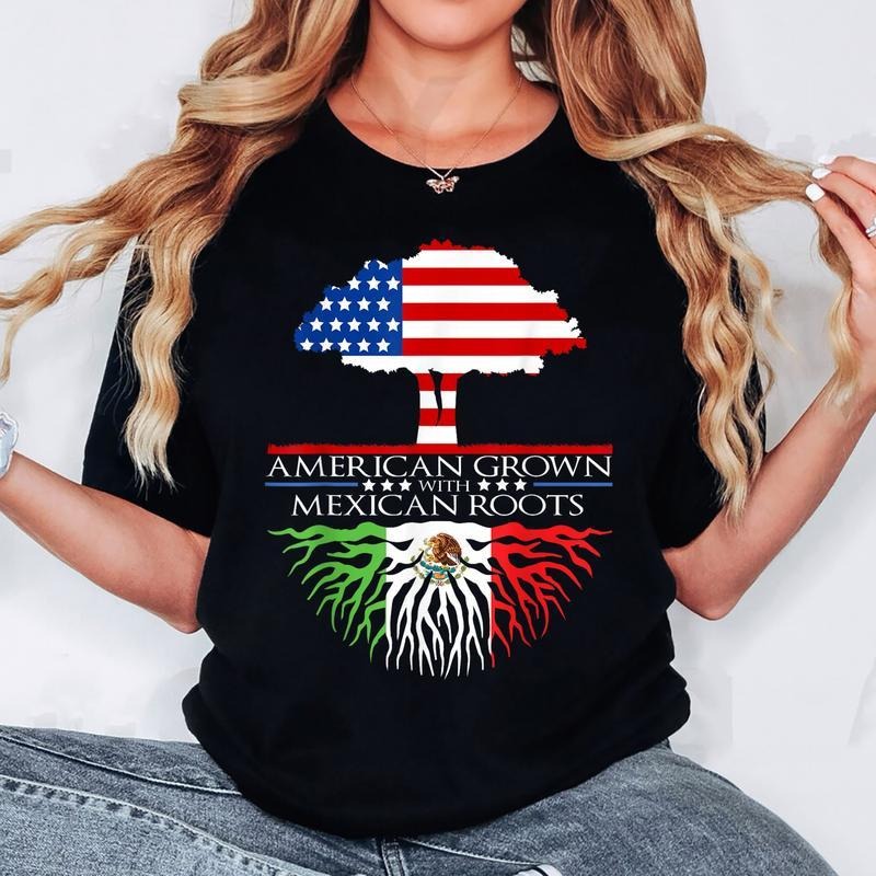 [100% Cotton] Mexican Roots American Grown Tree Flag USA Mexico T-Shirt