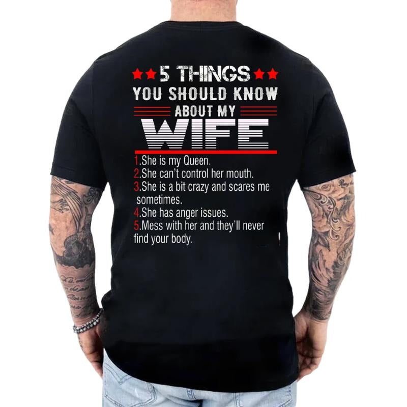 5 Things You Should Know About My Wife Shirt, Husband T Shirt Back Print, Funny Gift For Husband From Wife, Regular Fit Short Sleeve Tee, Casual Clothing apparel