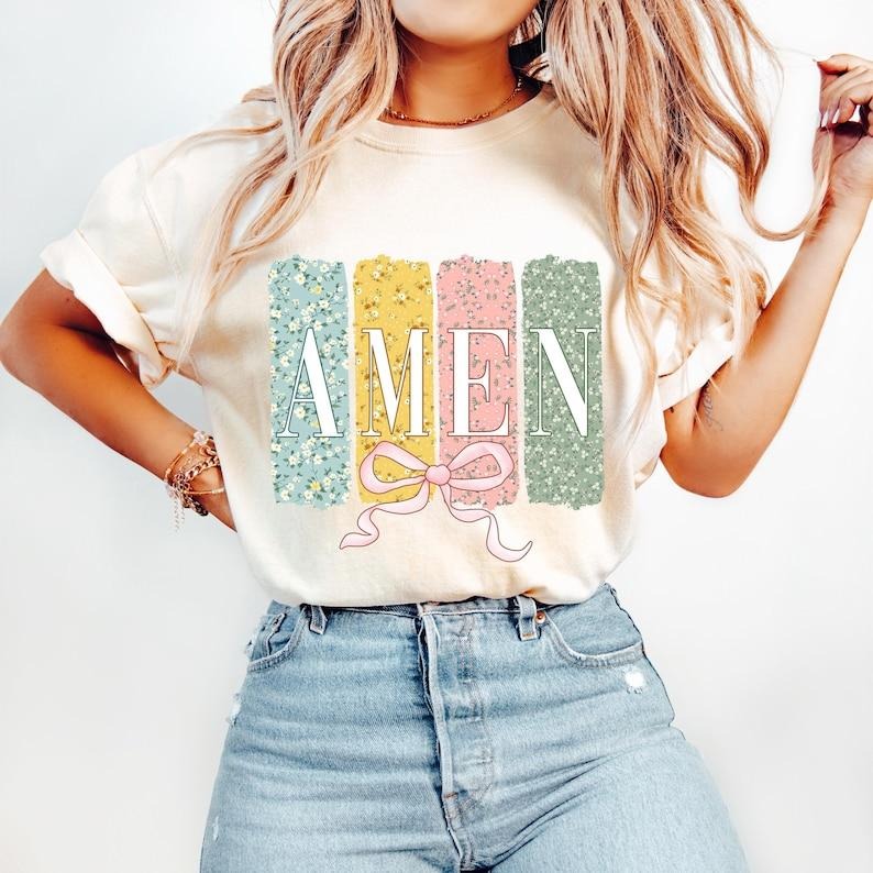 Amen Coquette Bow, Christian Easter, Bible Verse, Floral Spring, He is Risen Tshirt