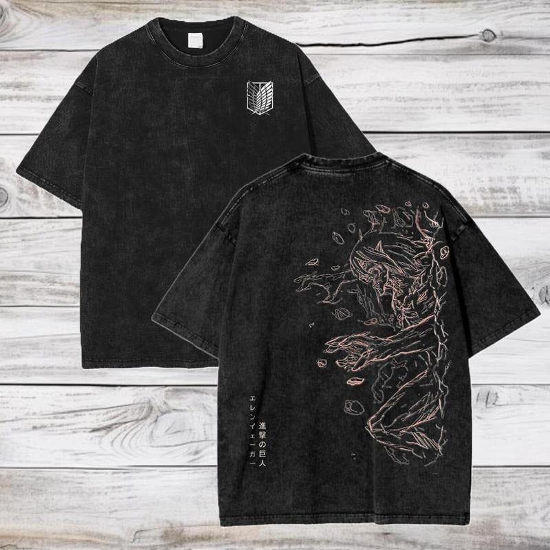 Attack on Titan Anime Acid Washed T-Shirt Eren Jeager Anime Tee Gift For Him, Easy Care, Machine Wash Safe, Classic Fashion