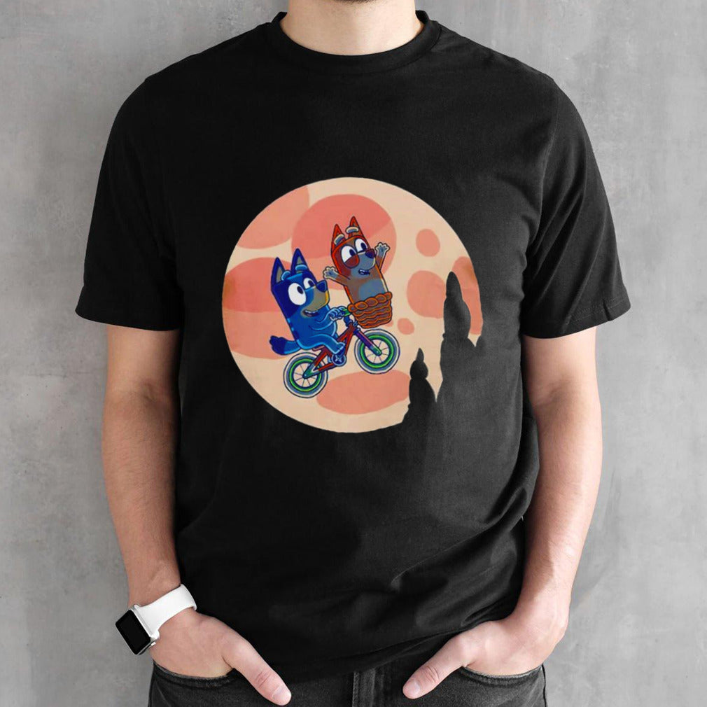 Bluey and Bingo on a bicycle Heelersâ€™s moon shirts