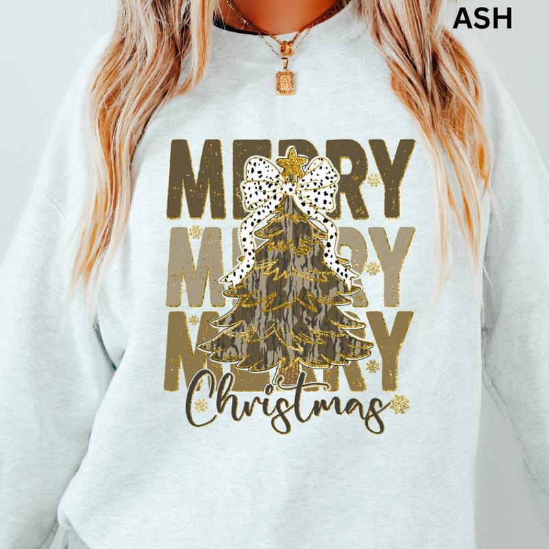 Camo Merry Christmas Bow Sweatshirt Christmas Winter Graphic Long Sleeve Casual Cotton Polyester Oversized sweatshirt - Comfort Crewneck Menswear