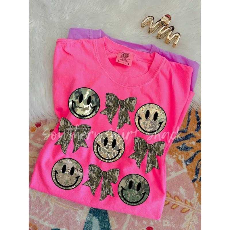 Camo smileys and bows T shirt  | neon pink comfort colors t shirt