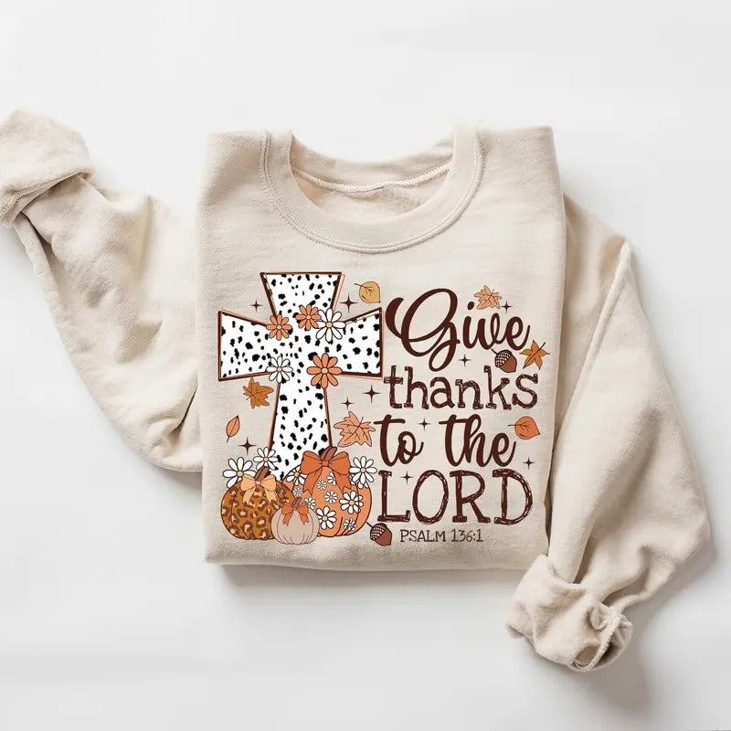 Christian Jesus Cross Fall Sweatshirt, Thankful Grateful Leopard Pumpkin Season Shirt, Jesus Faith T shirt, Give Thanks to the Lord Sweater