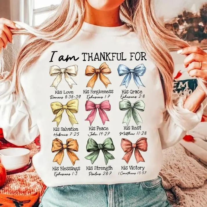 Christian Thankful Pumpkin T-Shirt, Bible Verse Fall Sweatshirt, Jesus Loves Coquette Bow Halloween Clothing, Unisex Cotton Crewneck
