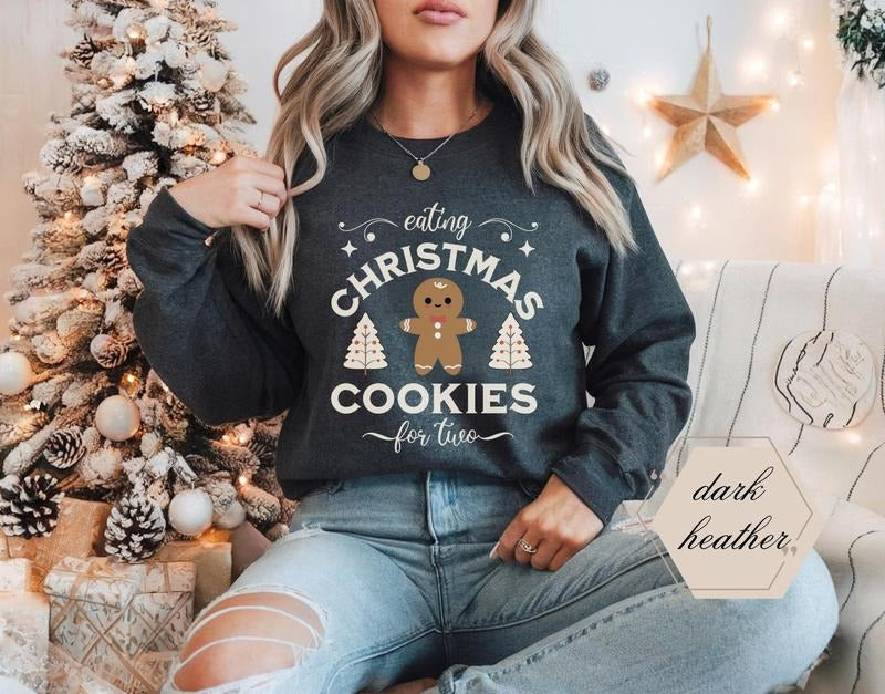Christmas Pregnancy Announcement Sweatshirt Mother To Be Gift Christmas Pregnant Shirt Expecting Sweatshirt Eating Xmas Cookies for Two, Unisex Trendy