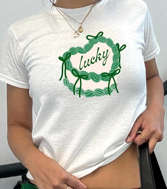 Coquette Bow Lucky Baby Tee, St Patrick's Day Baby Tee, Retro Lucky Vibes T-Shirt, Four Leaf Clover Shirt, Irish Shamrock Baby Tee, Patrick Day Shirt