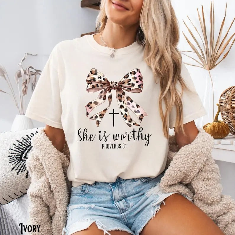 Coquette Christian Tshirt, Leopard Bow Faith Tee, Bible Verse, Girly Christian Gift, Religious Women Gift, Jesus Apparel Top Womenswear Summer Casual Streetwear Crewneck