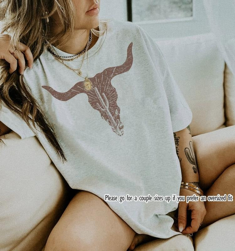 Cow Skull Desert Cactus Silhouette T Shirt Hoodie Sweater Southwest Boho Longhorn Buffalo Tshirts Desert Life Landscape Western Tee Animal Lover