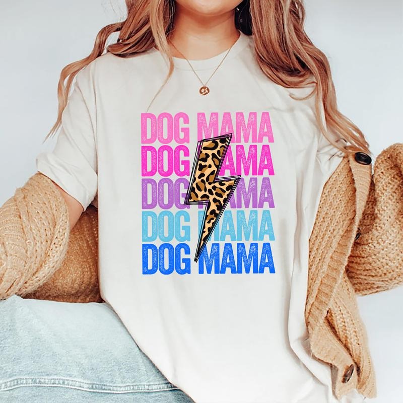 Dog Mama Shirt, Cute Dog Mom Tee, Gifts For Dog Lovers, Retro Leopard Lightning Shirt Cotton Fabric, Dog Mom Graphic Printed T-shirt Women's Tops Womenswear Comfort Fit