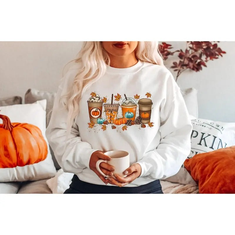 Fall Coffee Shirt - Cute Sweatshirt with Pumpkin Design, Cotton Polyester, Ideal for Thanksgiving and Halloween, Comfortable Hoodie
