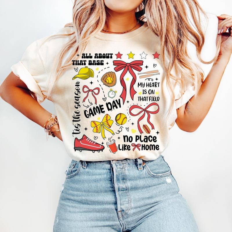 Game Day Softball Coquette T-Shirt, Retro Softball T-Shirt, Softball Bow T-Shirt, Softball Mama T-Shirt, Softball Mom T-Shirt, Preppy Softball T-Shirt
