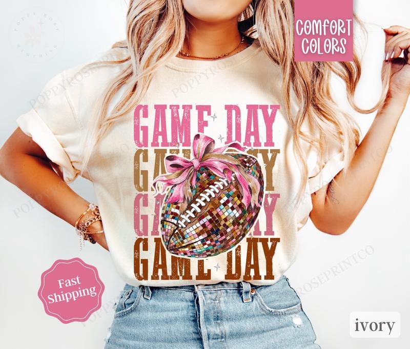 Gameday Football Bow Shirt Comfort Colors, Womens Football Tee, Womenswear Oversized Crewneck, Coquette Clothing