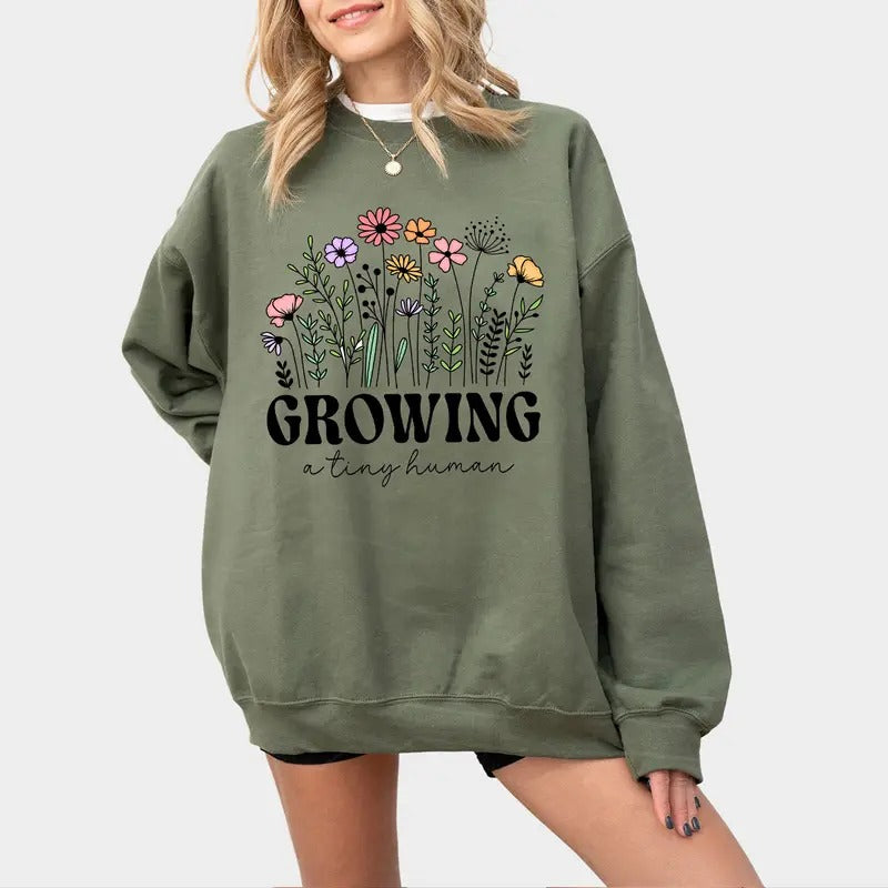 Growing A Tiny Human Pregnancy Announcement Shirt, Spring Flower Baby Reveal Maternity TShirt, Funny Mother Shirt Gift, Mother's Day Sweatshirt, Pregnancy Keepsake, Mom Saying Funny