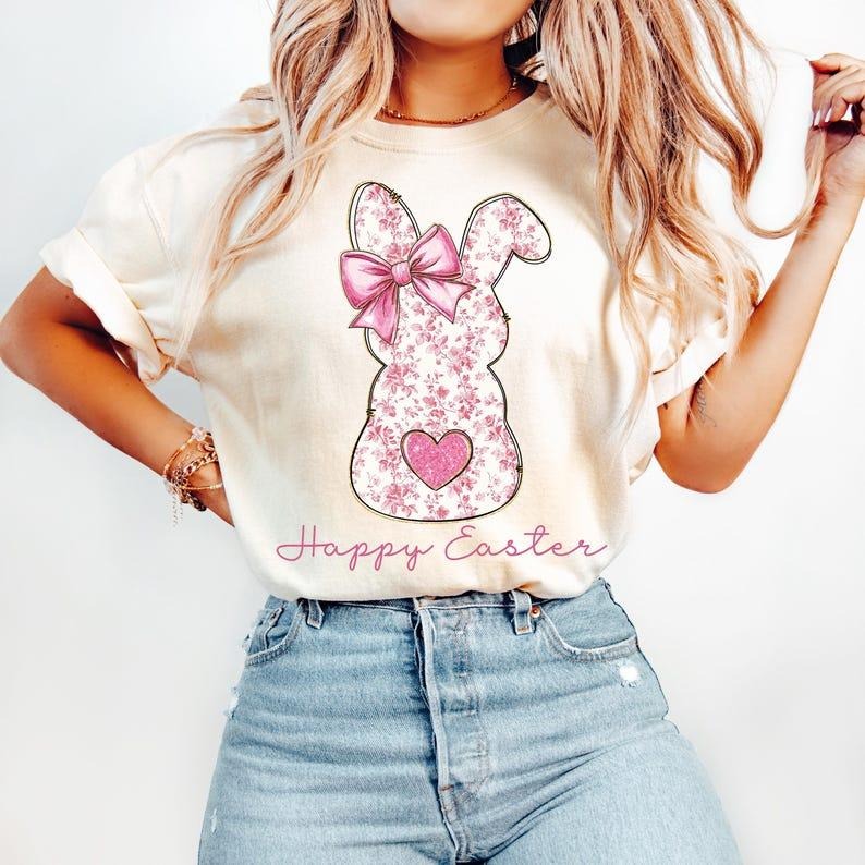 Happy Easter, Pink Floral Chinoiserie Bunny, Grand Millennial Easter, Pink Toile Easter Rabbit, Easter Coquette, Girls Tshirt