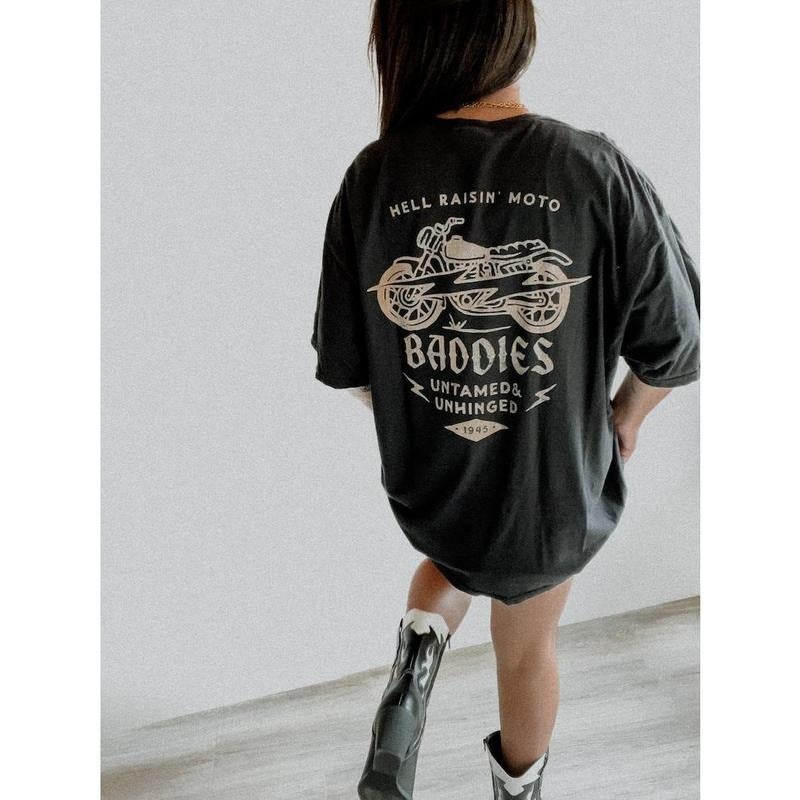 Hell Raisin' Moto Baddies Tee, motorcycle tee, trendy tee, boho edgy grunge shirt