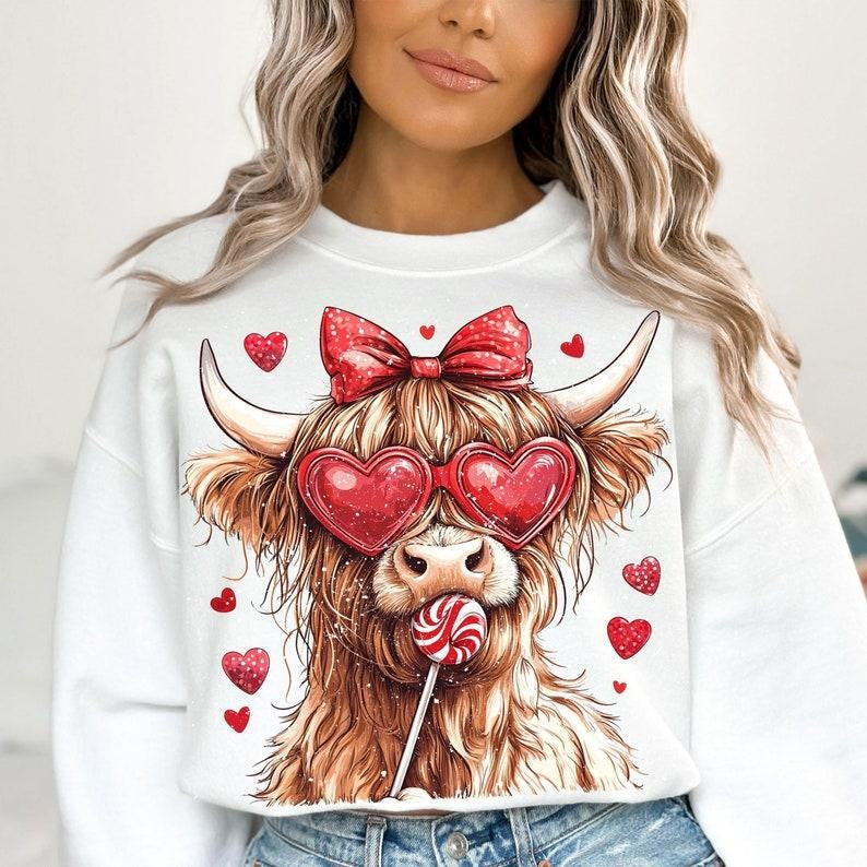Highland Cow Sweatshirt, Valentine Coquette Sweatshirt, Valentine Heart Sweatshirt, Love Sweatshirt