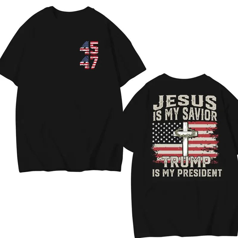 Jesus Is My Savior Trump Is My President American Flag T-Shirt, Trump 2024 Shirt, Tru.mp Supporters 2024 Shirt, Gift For Trump Fans, Election 2024, Full Colors, Full Sizes, For Men, For Women