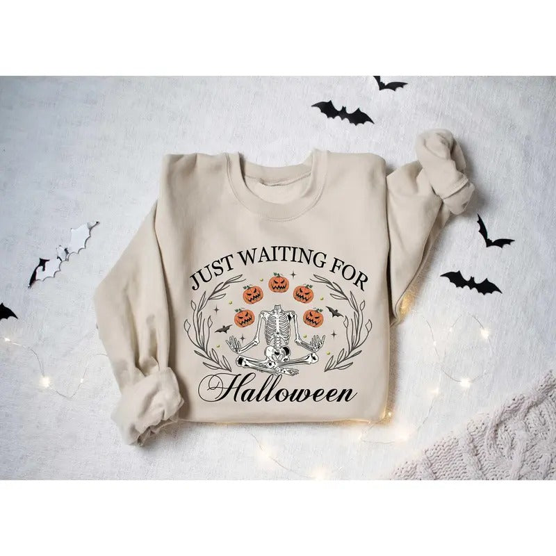 Just Waiting For Halloween Shirt Halloween T Shirt Skeleton Shirt Trendy Halloween Here For The Boos Pumpkin Skeleton Halloween Shirt Latarshia Grant