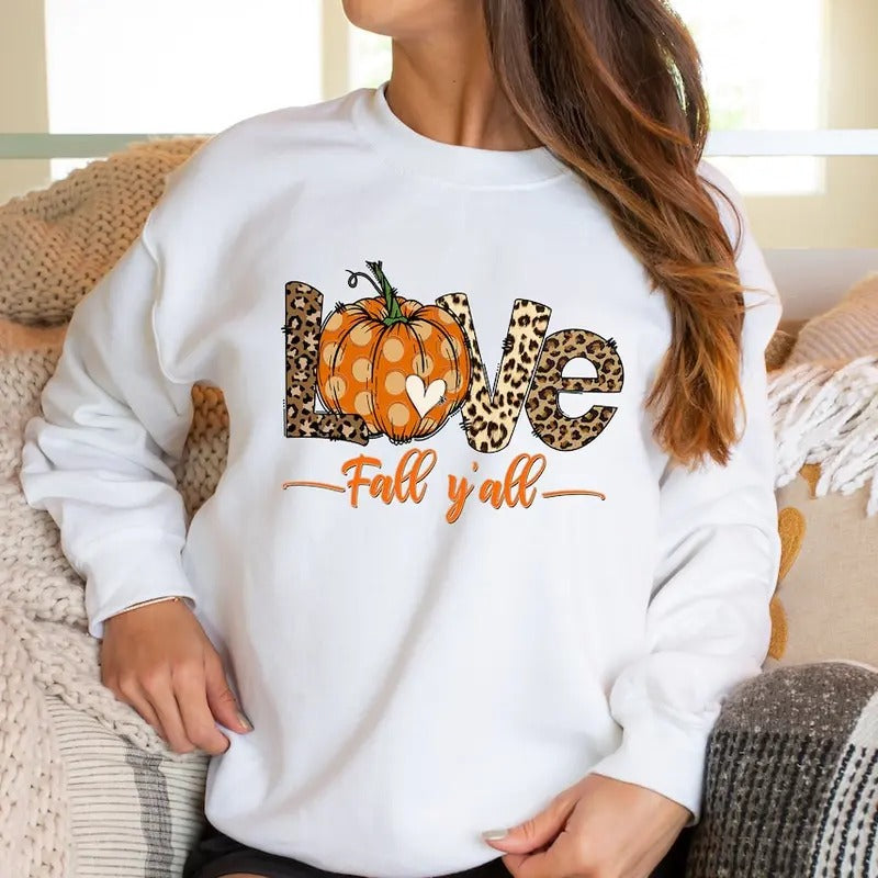 Love Fall Y'All Shirt - Leopard Print Fall Shirt, Cotton Polyester, Comfortable Top for Women, Perfect for Thanksgiving and Fall Vibes