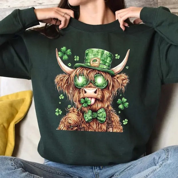 Lucky Highland Cow St. Patrick's Day Sweatshirt, St. Patrick's Day Sweatshirt For Women, Funny St. Patty's Day Shirt, Cow Lover Gift