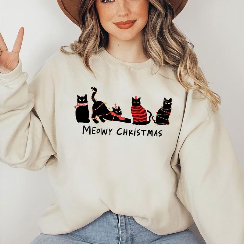 Meowy Christmas Sweatshirt - Christmas Black Cat Sweatshirt - Kitten Christmas Sweater - Cat Lover Gift - Cat Mom Christmas Sweatshirt Cotton Casual