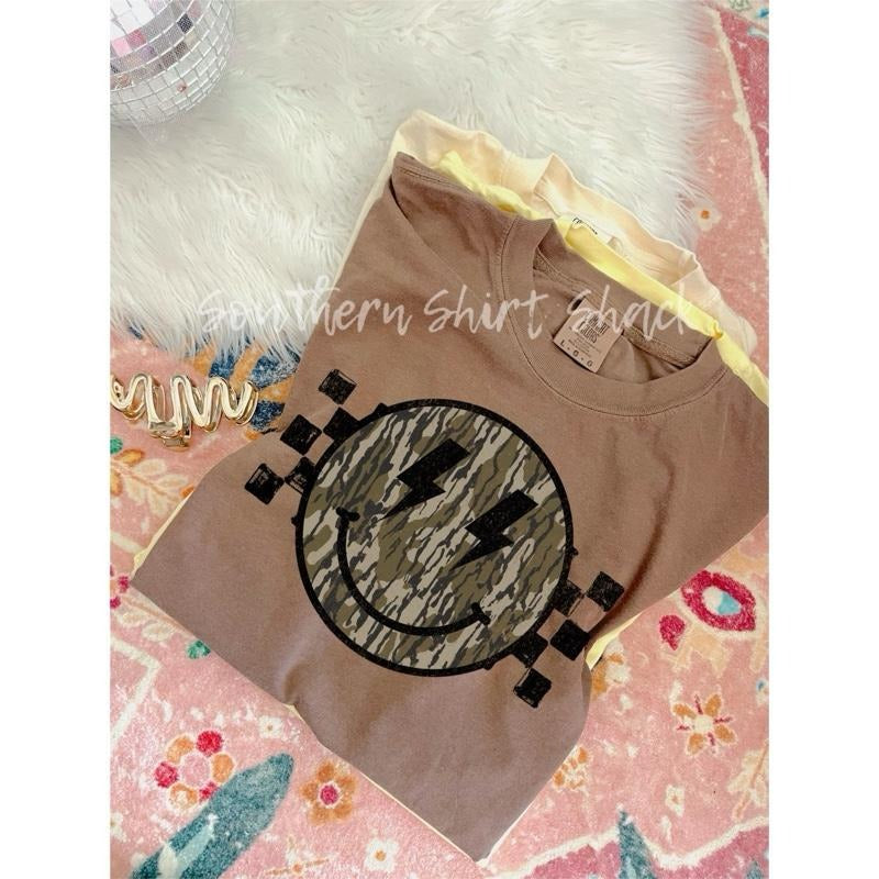 Mossy Camo Smiley T shirt  | Espresso comfort colors T shirt top