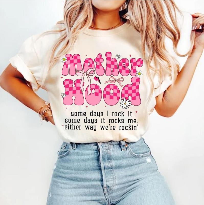 Motherhood Coquette Bow Checker T-Shirt, Retro Mother hood Shirt, Funny Mom Sarcastic Mama Shirt, Retro T-Shirt Mom shirt T-Shirt, Mothers Day T-Shirt