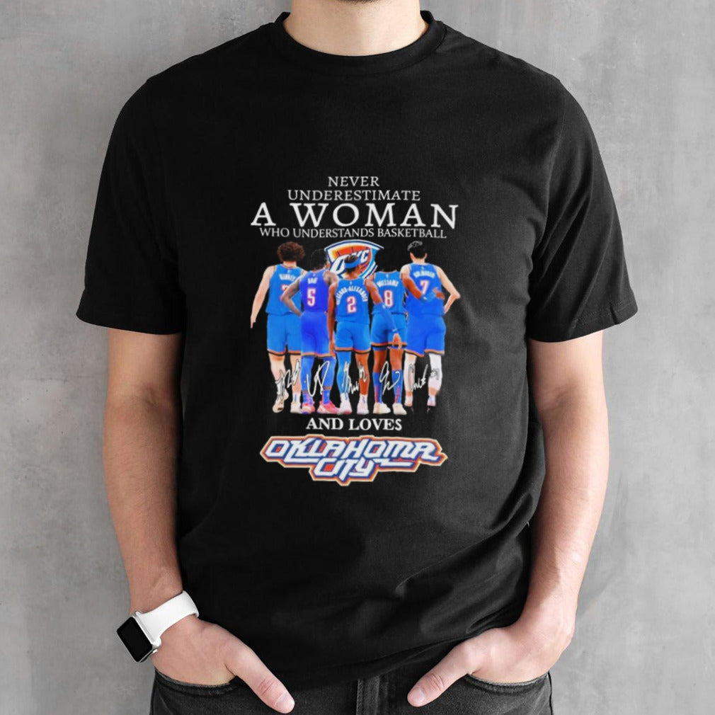 Never Underestimate A Woman Who Understands Basketball And Loves Oklahoma City Thunder 2024 Signatures Shirts