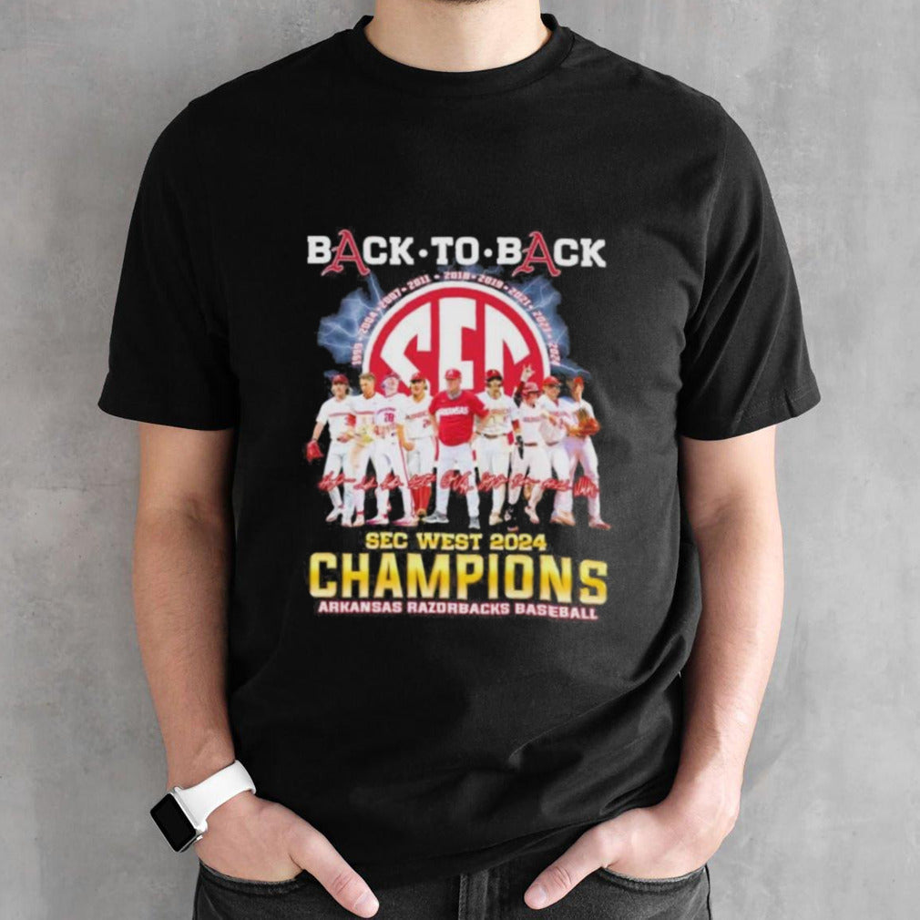 Official Arkansas Razorbacks Back To Back SEC West Baseball Champions 2024 Signatures Shirt
