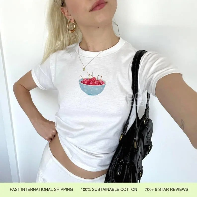 Painted Blue Bowl of Cherries 90s Baby Tee | Coquette Lightweight Unisex Cotton Fashion Streetwear