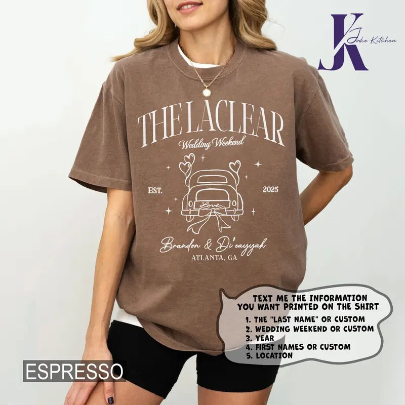 Personalized Wedding Weekend Shirts, Custom Location Bridal Party Tshirt, Cocktail Social Club Matching Tee, Bride and Groom Shirt Guest Gifts Top Womenswear
