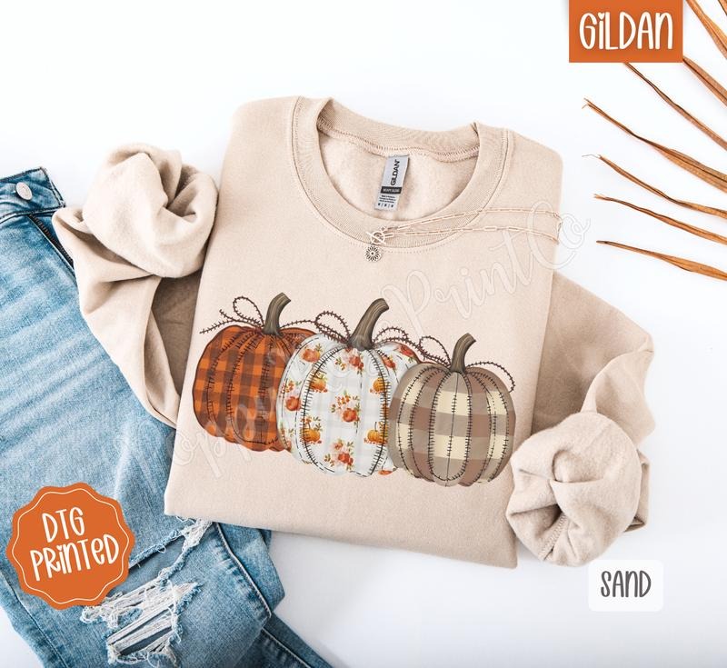 Plaid Floral Pumpkins Sweatshirt, Trendy Women's Fall Crewneck
