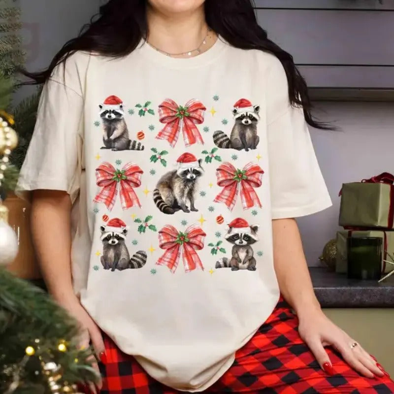 Raccoon Hat Santa Christmas Tshirt, Raccoon Meme Tshirt, Christmas Coquette Bow Sweatshirt, Raccoon Christmas Tshirt, Merry Christmas Tshirt, Love Raccoon Tshirt, funny tee shirt