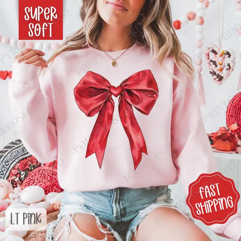 Red Heart Bow Sweatshirt, Valentine's Day Crewneck, Cute Women's Sweater
